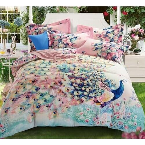 Colorful peacock 100% Cotton Sanding Printed Flower Bedding Set Wedding Bed Sheet set Duvet Cover Pillowcase Queen King 4pcs