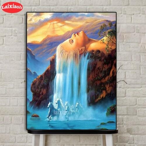 New Full Square Diamond 5D JFantasy woman waterfall DIY Diamond Painting Embroidery CrossStitch Rhinestone Mosaic Decoration