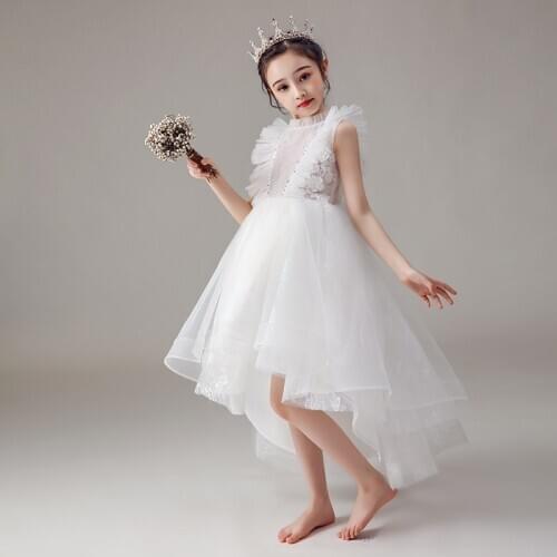 White Flower Girls Dresses Beading Sequined Pearls O-Neck Sleeveless Princess Regular Tulle Ball Gown Tiered Knee-Length D181
