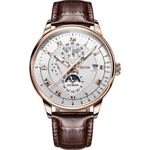 Top Brand JSDUN Luxury Mens Automatic Mechanical Watch Mens Classic Moon Phase Leather Waterproof Watch