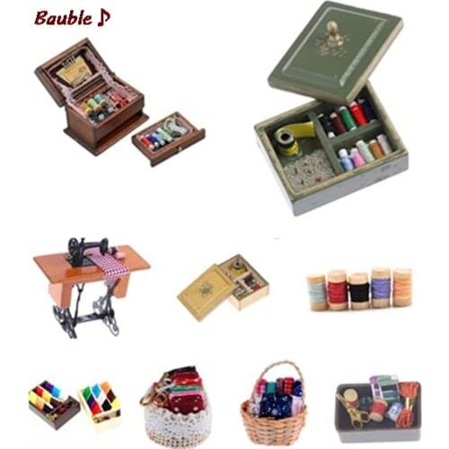 1:12 Toys for Girls Miniature Wooden Sewing Machine Thread Scissors Kids Dollhouse Decor Furniture Accessories for Dolls House