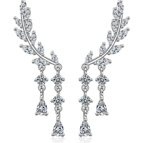 Korean version of the net red fresh trend tassel crystal wings long silver plated stud earrings WE054