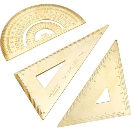 Uxcell Measuring Tool Set with Protractor 30/60 45 Degrees Triangle Ruler Brass for Classroom Office Home and Engineering