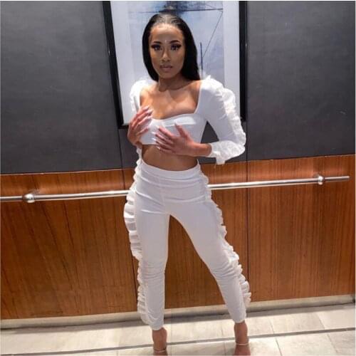 Womens 2021 autumn new fashion casual sexy lace agaric side splice show umbilical slim pantsuit woman