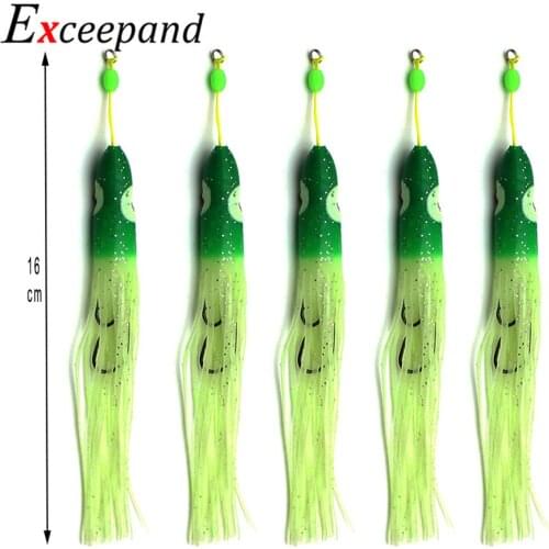 Exceepand 5PCs Glow Fishing Lure Luminous Squid Skirts Soft Plastic Octopus Rubber Artificial Bait Saltwater Rigged Double Hooks