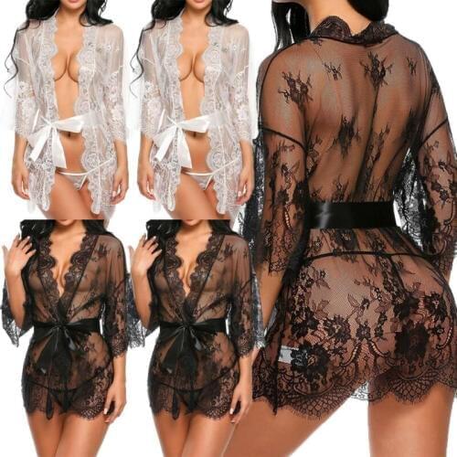 Sheer Floral Lace Trim Up Robe Dress Boudoir Nightgown Lingerie Sexy Nightdress