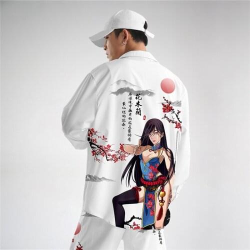 Chinese Cartoon Printed Loose Long Sleeve Shirt Couples Women Men Casual Shirts Harajuku Hip Hop Streetwear Blouses