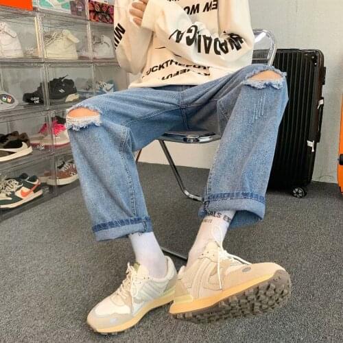 Ripped jeans summer thin section straight loose loose tide brand high street Korean style trendy cropped trousers
