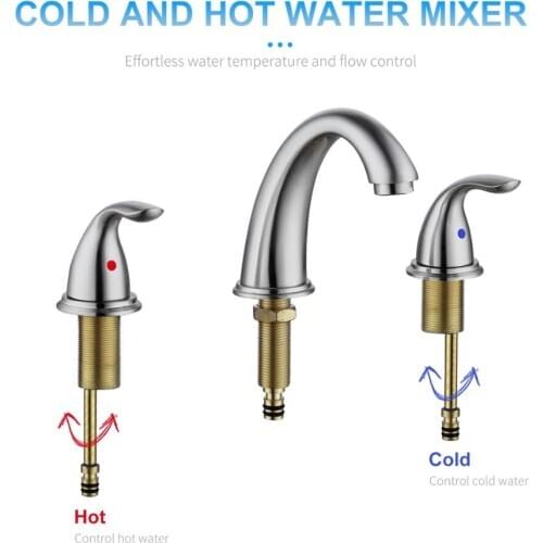3 Hole Two Handle Kitchen Faucets Hot & Cold Water Mixer Bathroom Basin Sink Faucets Ceramic Valve Brushed Finished 360 Degree