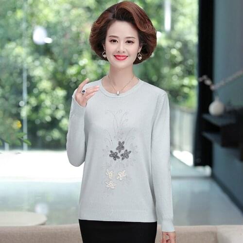 Women Knitting Sweater Long Sleeves O-neck Female Casual Fashion Thin Pullover Mother Winter Floral Embroidery Pullovers 4XL