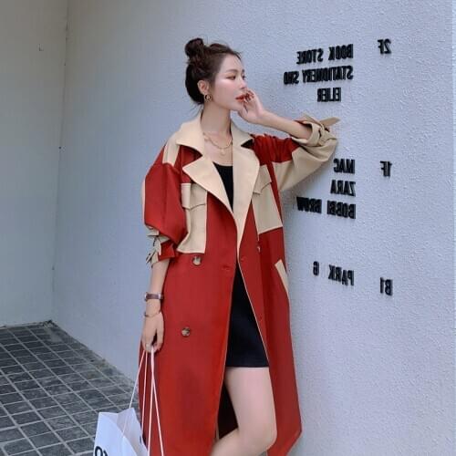 Trench Coat Womens 2020 Spring Autumn Fashion Splicing Suit Collar Double Breasted Loose Mid-Length Elegant Woman Windbreaker