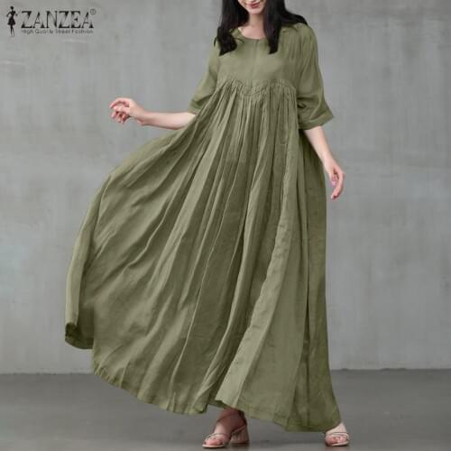 Vintage Pleated Maxi Dress Womens Summer Sundress ZANZEA 2021 Casual Half Sleeve Long Vestidos Female O Neck Robe