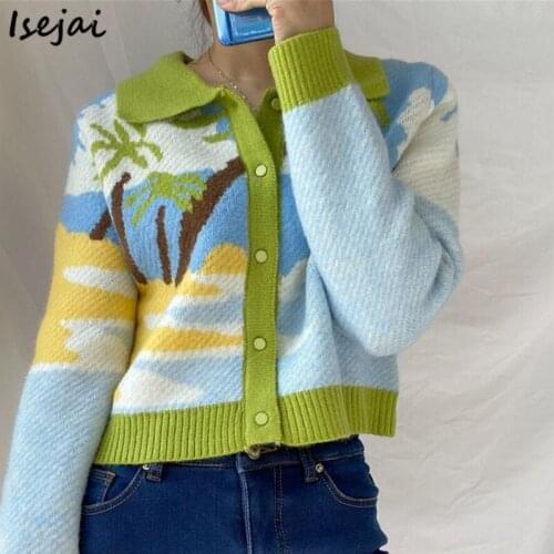 Painting Jacquard Short Cardigan Women Lapel Knitting Sweater Womens Short Coat Cardigans Autumn