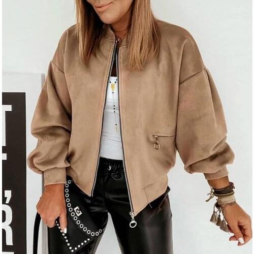 Autumn Khaki Zipper Womens Short Jacket Lantern Long Sleeve Standing Collar Pocket Womens Coat Streetwear Casual Ladies