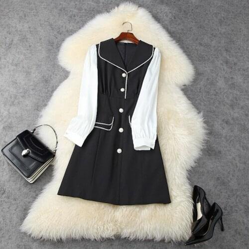 Womens European and American wear 2021 autumn new style Long sleeve lapel nail beads Black and white fashion dress
