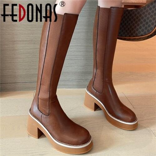 FEDONAS Super High Heels Women Knee-High Boots Platforms Fashion Concise Genuine Leather Autumn Winter Party Casual Shoes Woman