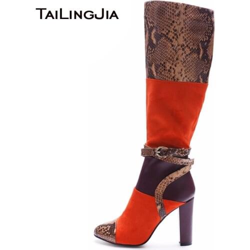 Women Sexy Snake Print High Heel Boots Crocodile Pattern Chunky Heel Round Toe Knee High Boots Ladies Winter Shoes Big Size 2018