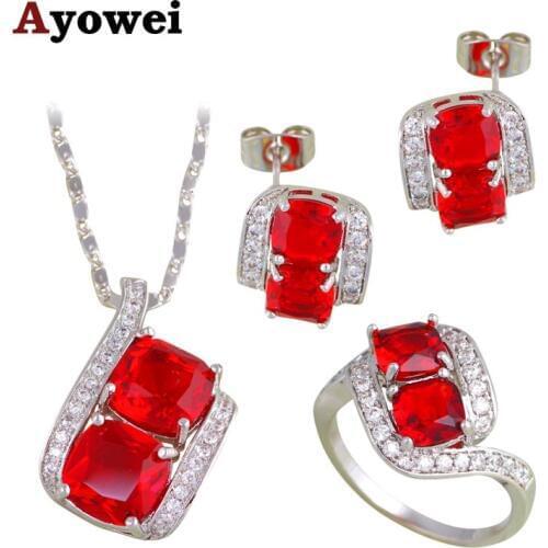 Trendy Red Garnet Silver tone Jewelry Sets Earrings/Pengdant/Necklace/Rings for Women Fashion Jewelry JS669A