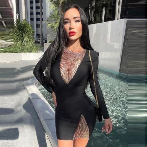 Luxury Diamonds Bandage Dress Women Sexy V Neck Long Sleeve Mini Vestidos White Black Red Celebrity Party Club Dresses