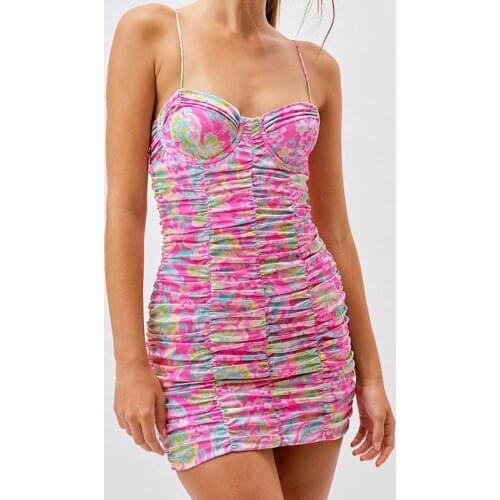 2021 Women High Quality Printing Sling Tight Mini Dress Female Vintage Sexy Hollow Out Sweet Girly Style Fashion Dress