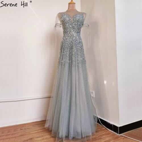 Serene Hill Luxury A-Line Grey Sequined Beading Evening Dress 2020 Sexy O-Neck Short Sleeves Luxury Formal Party Gown CLA70517