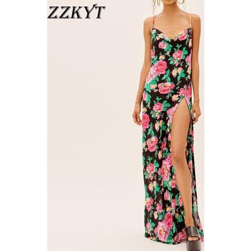 ZZKYT 2021 Women Summer Vintage Floral Print Split Floor-Length Dress Fashion V-Neck Sleeveless Backless Female Party Dresses