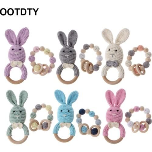2Pcs/Set Baby Wooden Teether Bracelet Crochet Bunny Teething Ring Chewing Toy Handmade Shower Gift