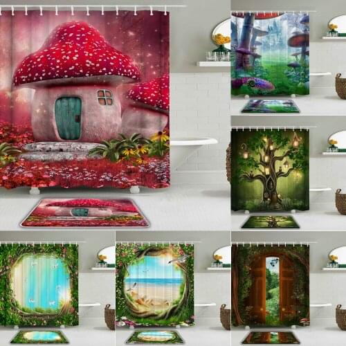 2Pcs/Set Cartoon Dream Forest landscape Printing Shower Curtain Set Waterproof Fabric Bathroom Curtains Non-slip Bath Mat Decor