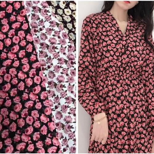 2020 Pearl Chiffon Fabric Printing New Black and White Coffee Wine Red Rose Dress Garment Material