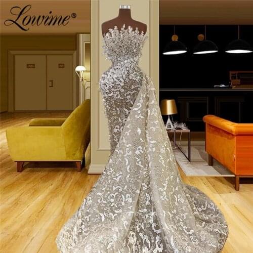 Arabic Long Party Dresses 2021 Newest Dubai Design Strapless Applique Pearls Dubai Lace Evening Gowns Mermaid Prom Dress Robes
