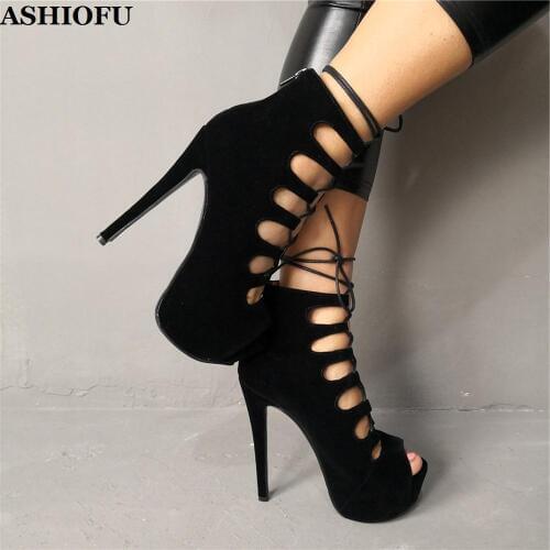 ASHIOFU Handmade New Ladies High Heel Pumps Cross-straps Peep-toe Office Party Dress Shoes Sexy Evening Fashion Court Shoes