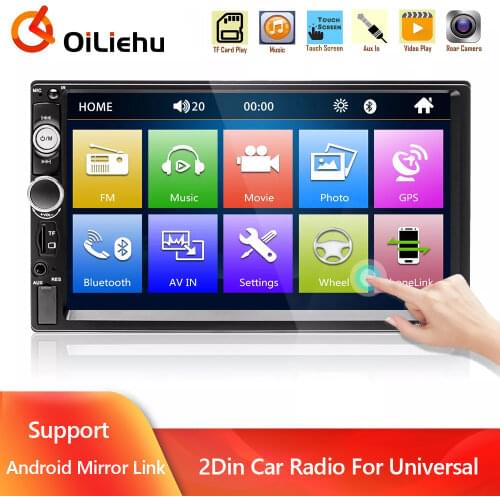 OiLiehu 2 Din HD 7" Touch Screen Stereo Bluetooth FM ISO Power Aux Input MP5 Player SD USB With / Without Camera 12V