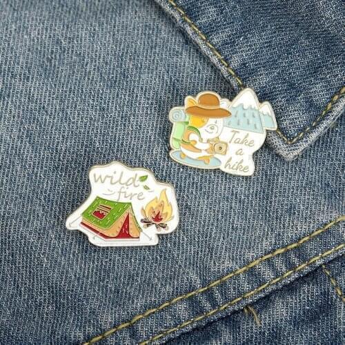 Camping Enamel Pin Outdoors Bonfire Brooches Backpack Clothes Lapel Pin Adventure Badges Cartoon Jewelry Gift Kids Friends