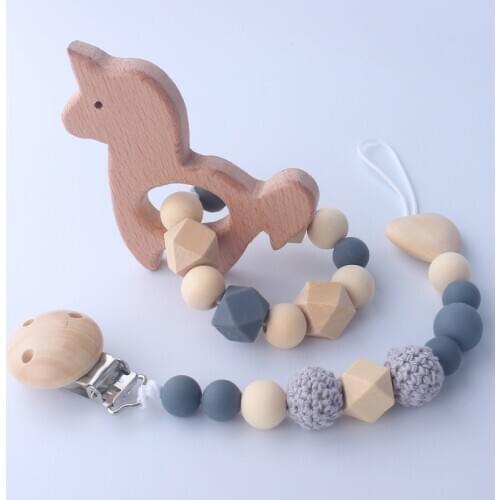 Baby Teether Toy Wooden Clip Baby Personalize Silicone Bead Pacifier Chain Animal Chewable Silicone Rattle Baby Wooden Teether