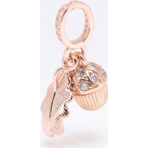 S925 Sterling Silver Gold Acorn And Fallen Leaves Charm Fit Original Bracelet Necklace