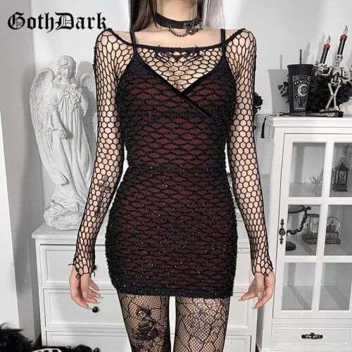Goth Dark Shinny Fishnet Gothic Aesthetic Party Dresses Women Sling Sexy Grunge Slim Pencil Dress V-neck Backless Night Clubwear