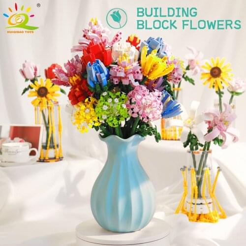 HUIQIBAO 1pcs DIY Flowers Bouquet Building Blocks As Home Decor Garden Plant Assembly Ideas Bricks Toys for Girl Friend Children