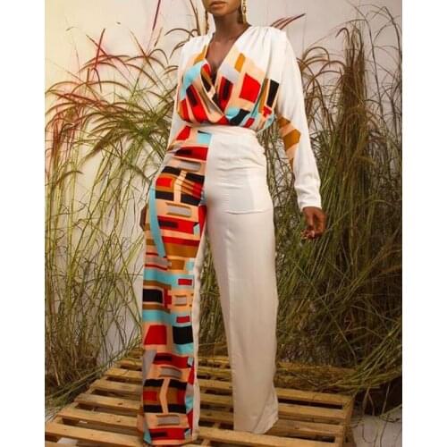 Slim V-Neck Sexy Jumpsuit African Clothing Printed Casual Womens Loose Wide-Leg Trousers 2021 Spring Autumn New African Jumpsuit