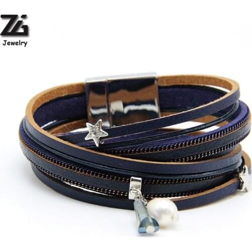 ZG Multiple Layers Punk Leather Bracelet For Men & Women Vintage Simulated Pearl Row Rhinestone Braid Charms Bracelets femme