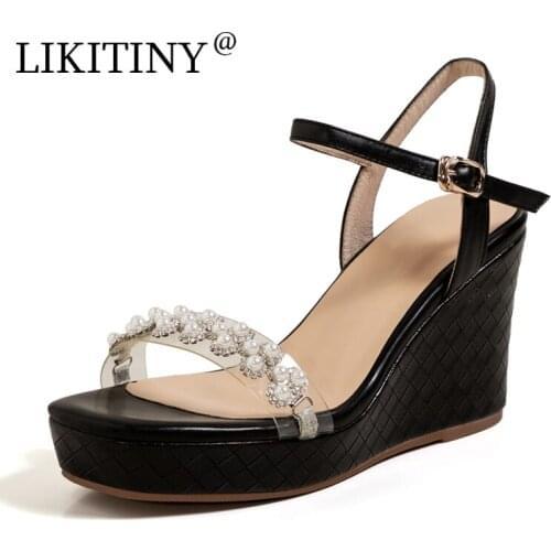 LIKITINY 2021 Summer high heels wedges platform Sandals Wowens shoes Buckle strap Open toe Genuine leather Casual sandals 33