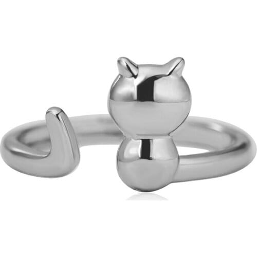 Cute Fortune Cat Lovely Tail Silver Plated Sweet Open Adjustable Rings For Women