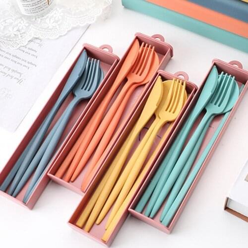 1 Set Unique Cutlery Set Smooth Food Grade Materials Fork Spoon Set Wheat Straw Lock Button Easy to Hold Fork Spoon Set for Home