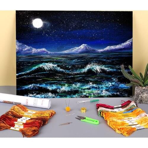 Natural Scenery Midnight Waters Pre-Printed 11CT Cross Stitch DIY Embroidery Complete Kit DMC Threads Handicraft Design