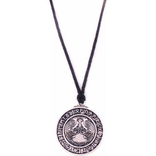 Norse Warrior Odins Ravens Runic Amulet Viking Raven Pendant Rune wax rope Necklace