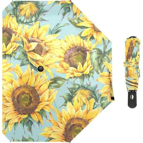 Newest Sunflowers Print Three Folding Umbrella Rain Women Sunny And Rainy Umbrella Parasol Full Automatic Open Close Parapluie