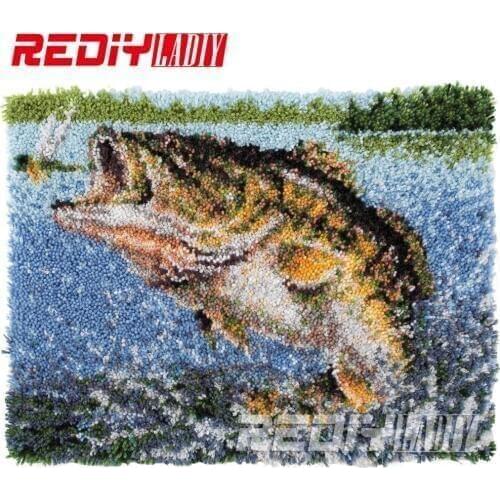 REDIY LADIY Latch Hook Rug Crocheting Cushion Wall Tapestry Pre-Printed Canvas DIY Yarn Embroidery Great Fish Carpet Rug 85x63cm