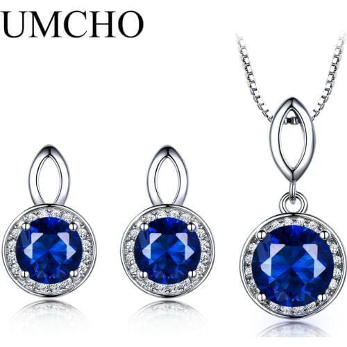 UMCHO Real 925 Sterling Silver Jewelry Sets Created Sapphire Stud Earrings Necklace Elegant Classic Gift For Women Fine Jewelry