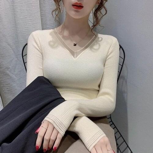Slim V-neck Knitting Sweater Womens Pullover Long Sleeve 2021 Autumn Winter Sweater New Thin Short Wild Tight Bottoming Shirt