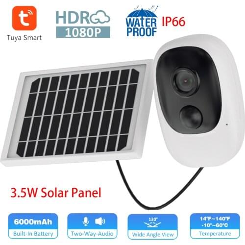 Outdoor 6000mAh Rechargeable Battery Tuya WIFI Camera 1080P FHD 130 Wide Angle View PIR Two Way Audio with 3.5W Solar Panel IP66
