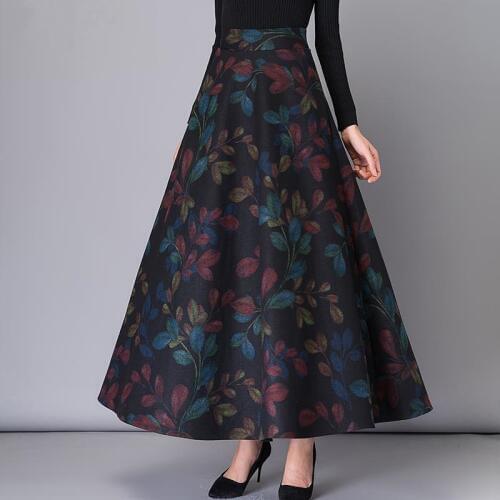 Elegant High Waist Woolen Long Skirts Fashion Womens Wool Maxi Skirts Female Vintage A-Line Office Ladies Work Casual Skirt